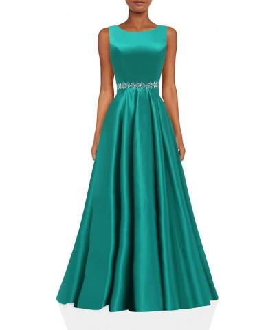 Satin Prom Dresses Long for Women A-Line Beaded Belt Formal Evening Party Ball Gowns with Pockets Turquoise $37.60 Dresses