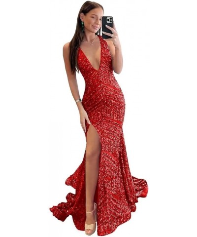 Women's Mermaid Sequin Prom Dresses 2024 Sparkly V Neck Formal Evening Dress with Slit PU122 Red $34.19 Dresses