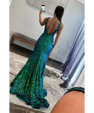 Women's Mermaid Sequin Prom Dresses 2024 Sparkly V Neck Formal Evening Dress with Slit PU122 Red $34.19 Dresses