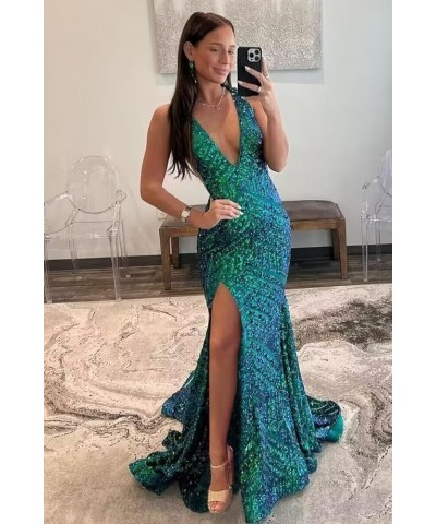 Women's Mermaid Sequin Prom Dresses 2024 Sparkly V Neck Formal Evening Dress with Slit PU122 Red $34.19 Dresses