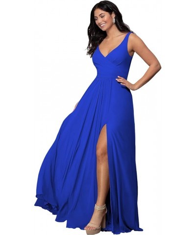 Women's V Neck Chiffon Bridesmaid Dresses for Women with Slit A Line Long Formal Evening Gown Royal Blue $25.85 Dresses