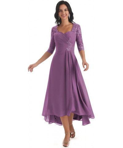 Chiffon Tea Length Mother of The Bride Dresses for Wedding Lace Applique Formal Dress with Sleeves Dusty Purple $35.70 Dresses