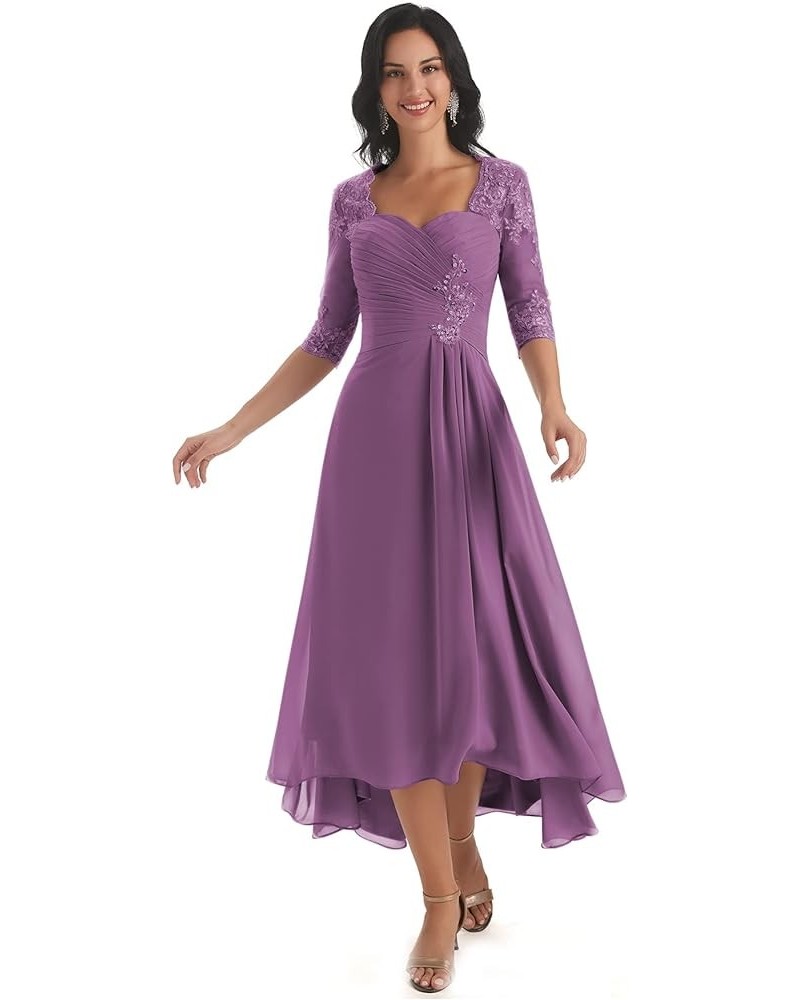 Chiffon Tea Length Mother of The Bride Dresses for Wedding Lace Applique Formal Dress with Sleeves Dusty Purple $35.70 Dresses