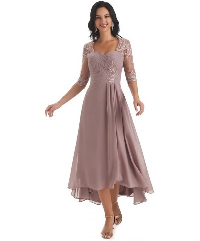 Chiffon Tea Length Mother of The Bride Dresses for Wedding Lace Applique Formal Dress with Sleeves Dusty Purple $35.70 Dresses