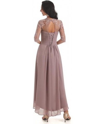 Chiffon Tea Length Mother of The Bride Dresses for Wedding Lace Applique Formal Dress with Sleeves Dusty Purple $35.70 Dresses