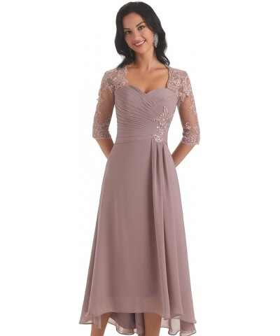 Chiffon Tea Length Mother of The Bride Dresses for Wedding Lace Applique Formal Dress with Sleeves Dusty Purple $35.70 Dresses