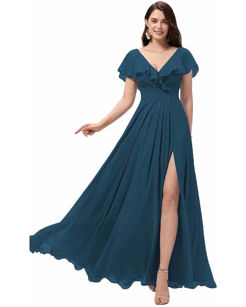 Women's Ruffle Sleeves Bridesmaid Dresses Long Chiffon V-Neck Formal Evening Party Gowns Peacock $28.60 Dresses