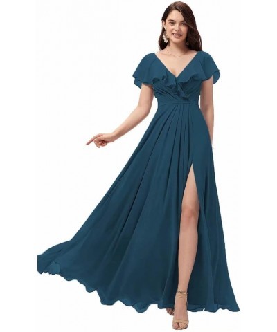 Women's Ruffle Sleeves Bridesmaid Dresses Long Chiffon V-Neck Formal Evening Party Gowns Peacock $28.60 Dresses