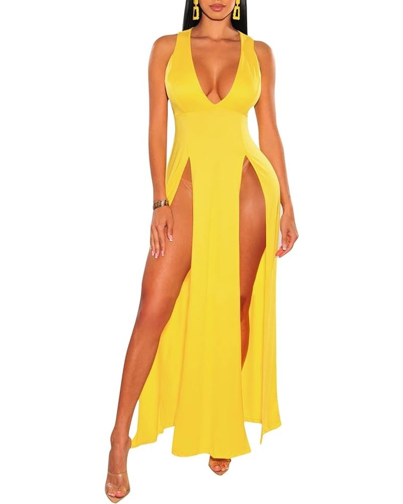 Women's Sexy Mesh Sheer Swimsuit Cover Ups Long Beach See Through Dress B-yellow $15.12 Swimsuits