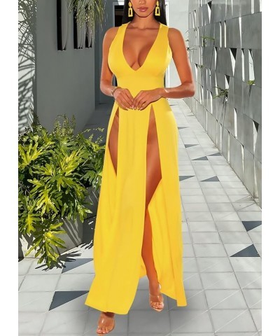 Women's Sexy Mesh Sheer Swimsuit Cover Ups Long Beach See Through Dress B-yellow $15.12 Swimsuits