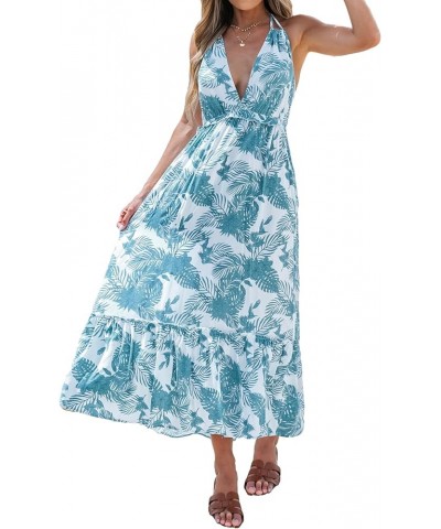 Women's Tropical Leaf Print Smocking Maxi Dress Mini Halter Dress Sleeveless Blue Floral $18.61 Dresses