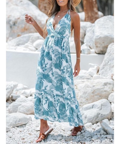 Women's Tropical Leaf Print Smocking Maxi Dress Mini Halter Dress Sleeveless Blue Floral $18.61 Dresses