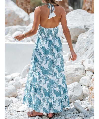 Women's Tropical Leaf Print Smocking Maxi Dress Mini Halter Dress Sleeveless Blue Floral $18.61 Dresses