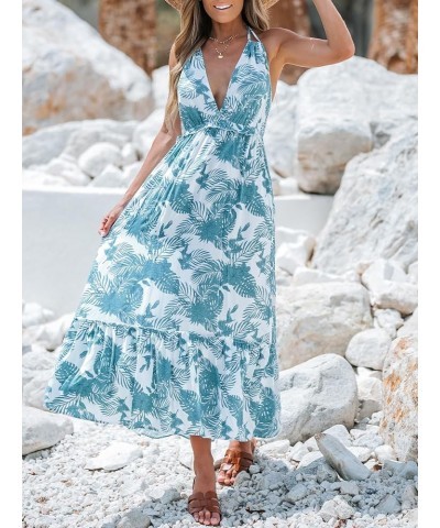 Women's Tropical Leaf Print Smocking Maxi Dress Mini Halter Dress Sleeveless Blue Floral $18.61 Dresses