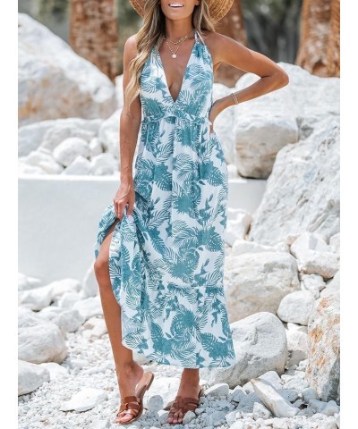 Women's Tropical Leaf Print Smocking Maxi Dress Mini Halter Dress Sleeveless Blue Floral $18.61 Dresses