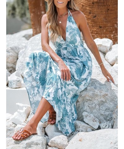 Women's Tropical Leaf Print Smocking Maxi Dress Mini Halter Dress Sleeveless Blue Floral $18.61 Dresses