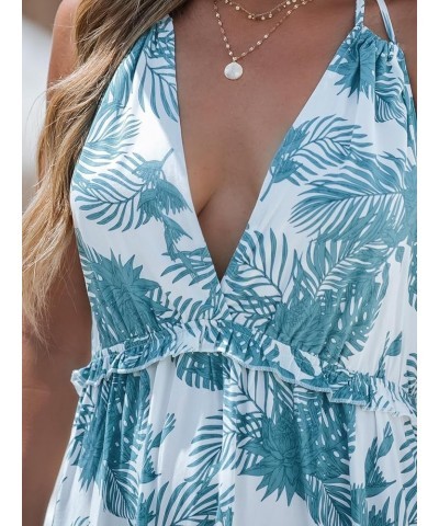 Women's Tropical Leaf Print Smocking Maxi Dress Mini Halter Dress Sleeveless Blue Floral $18.61 Dresses