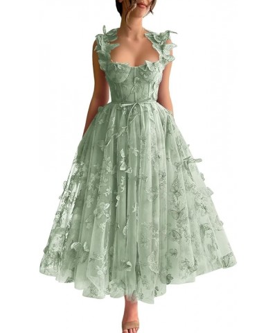 Women's 3D Butterflies Tulle Prom Dresses Corset Spaghetti Strap Tea Length Formal Evening Party Gown Sage Green $29.19 Dresses