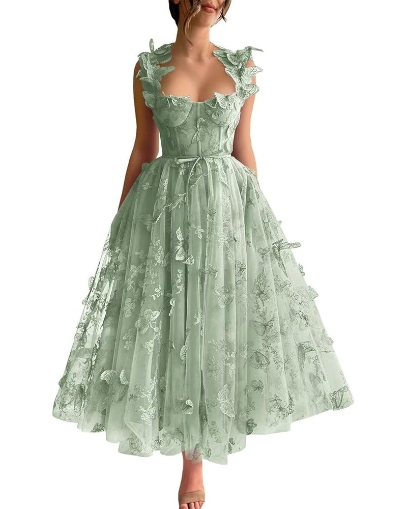 Women's 3D Butterflies Tulle Prom Dresses Corset Spaghetti Strap Tea Length Formal Evening Party Gown Sage Green $29.19 Dresses