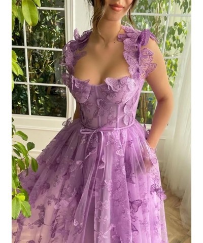 Women's 3D Butterflies Tulle Prom Dresses Corset Spaghetti Strap Tea Length Formal Evening Party Gown Sage Green $29.19 Dresses