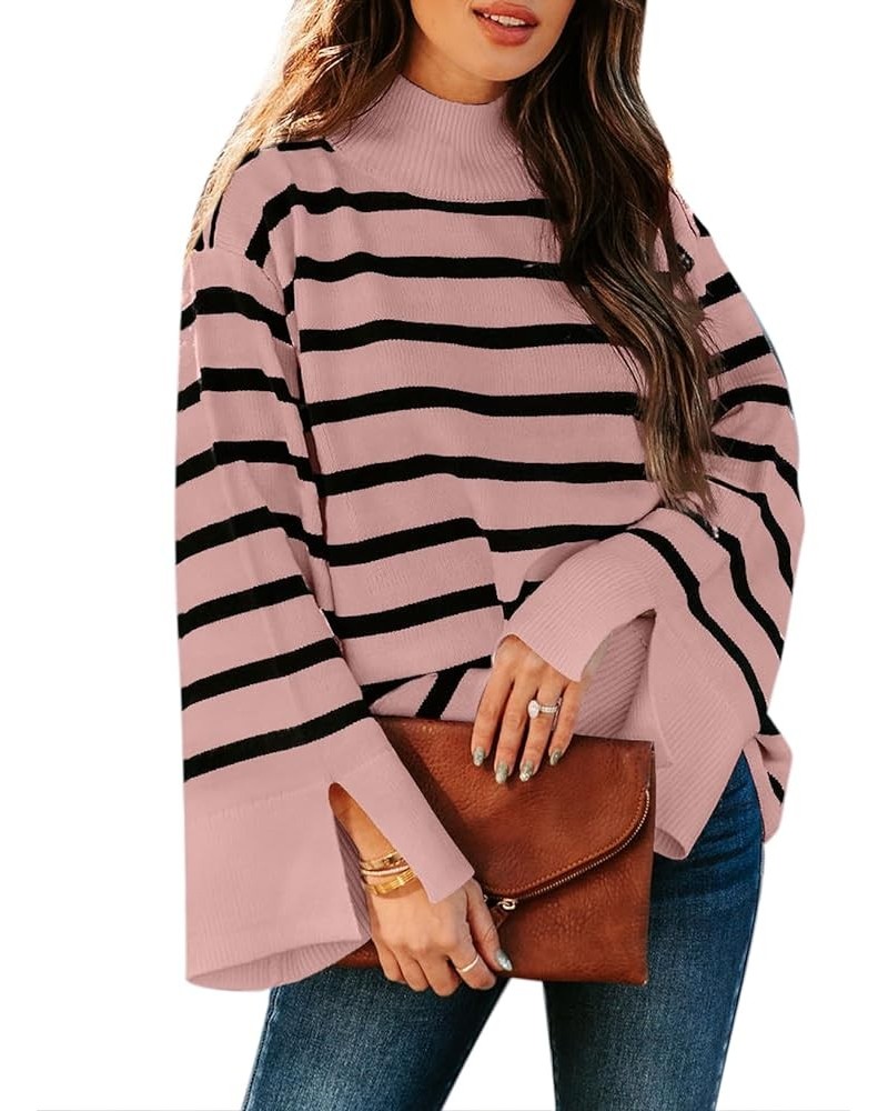 Womens Sweaters Fall 2023 Mock Neck Bell Sleeve Striped Ribbed Knitted Sweater Casual Loose Pullover Jumper Tops Pink $13.11 ...