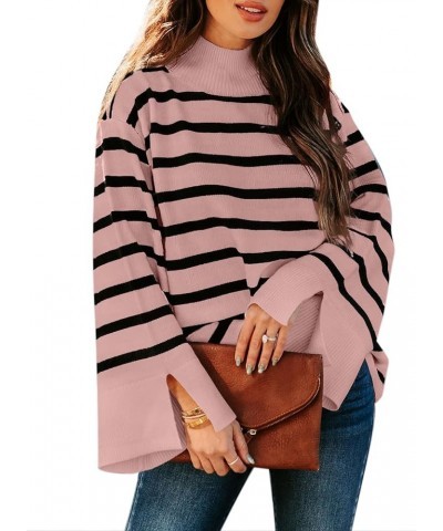 Womens Sweaters Fall 2023 Mock Neck Bell Sleeve Striped Ribbed Knitted Sweater Casual Loose Pullover Jumper Tops Pink $13.11 ...