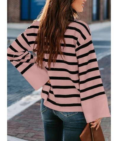 Womens Sweaters Fall 2023 Mock Neck Bell Sleeve Striped Ribbed Knitted Sweater Casual Loose Pullover Jumper Tops Pink $13.11 ...