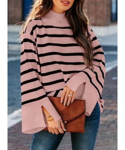 Womens Sweaters Fall 2023 Mock Neck Bell Sleeve Striped Ribbed Knitted Sweater Casual Loose Pullover Jumper Tops Pink $13.11 ...