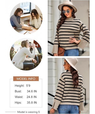 Womens Sweaters Fall 2023 Mock Neck Bell Sleeve Striped Ribbed Knitted Sweater Casual Loose Pullover Jumper Tops Pink $13.11 ...