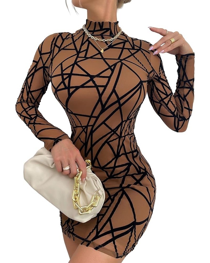 Women's All Over Print Mock Neck Long Sleeve Mesh Bodycon Mini Dress Dark Brown $14.52 Dresses