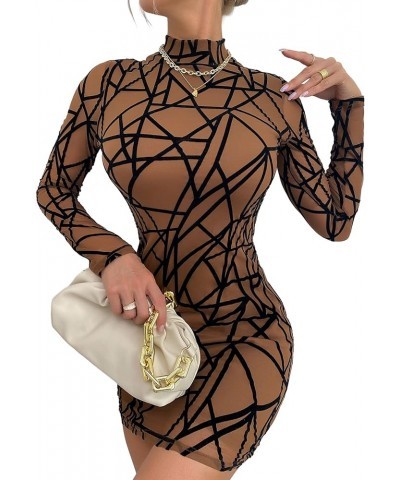 Women's All Over Print Mock Neck Long Sleeve Mesh Bodycon Mini Dress Dark Brown $14.52 Dresses