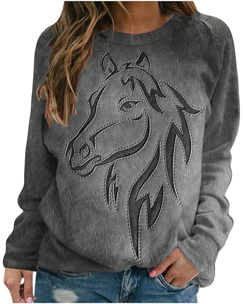 Women 3D Horse Graphic Sweatshirt Vintage Oil Paint Print Distressed T Shirt Classic Crewneck Pullover Casual Long Sleeve Top...