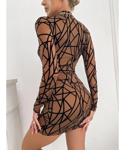 Women's All Over Print Mock Neck Long Sleeve Mesh Bodycon Mini Dress Dark Brown $14.52 Dresses