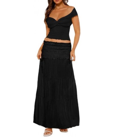 Women Y2K 2 Piece Skirt Set Spaghetti Strap Cropped Cami Ruffle Tiered Flowy Long Skirt Vacation Beach Outfits I-black One $1...