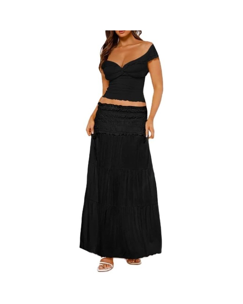 Women Y2K 2 Piece Skirt Set Spaghetti Strap Cropped Cami Ruffle Tiered Flowy Long Skirt Vacation Beach Outfits I-black One $1...