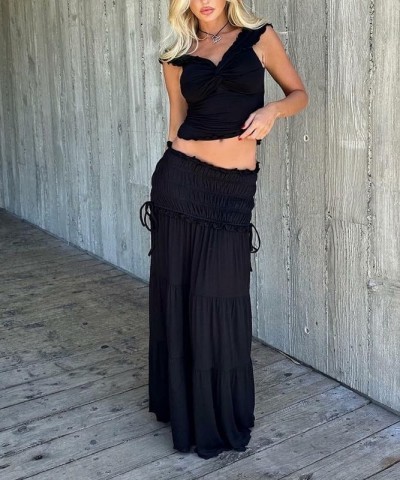 Women Y2K 2 Piece Skirt Set Spaghetti Strap Cropped Cami Ruffle Tiered Flowy Long Skirt Vacation Beach Outfits I-black One $1...