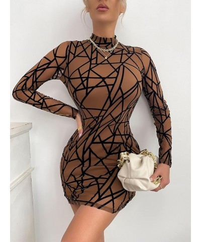 Women's All Over Print Mock Neck Long Sleeve Mesh Bodycon Mini Dress Dark Brown $14.52 Dresses