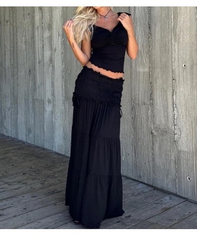 Women Y2K 2 Piece Skirt Set Spaghetti Strap Cropped Cami Ruffle Tiered Flowy Long Skirt Vacation Beach Outfits I-black One $1...