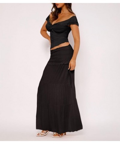 Women Y2K 2 Piece Skirt Set Spaghetti Strap Cropped Cami Ruffle Tiered Flowy Long Skirt Vacation Beach Outfits I-black One $1...