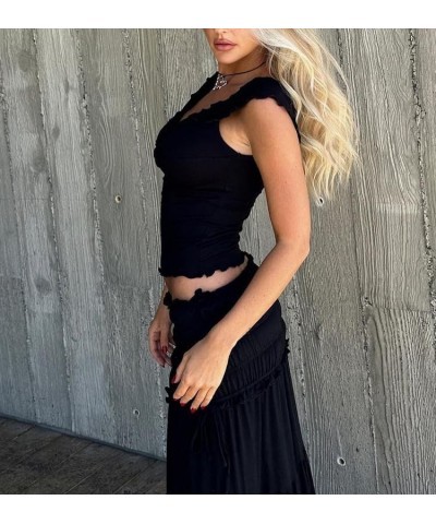 Women Y2K 2 Piece Skirt Set Spaghetti Strap Cropped Cami Ruffle Tiered Flowy Long Skirt Vacation Beach Outfits I-black One $1...