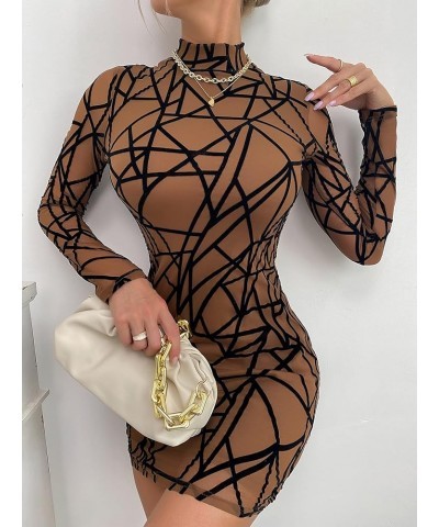 Women's All Over Print Mock Neck Long Sleeve Mesh Bodycon Mini Dress Dark Brown $14.52 Dresses