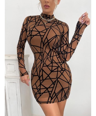 Women's All Over Print Mock Neck Long Sleeve Mesh Bodycon Mini Dress Dark Brown $14.52 Dresses