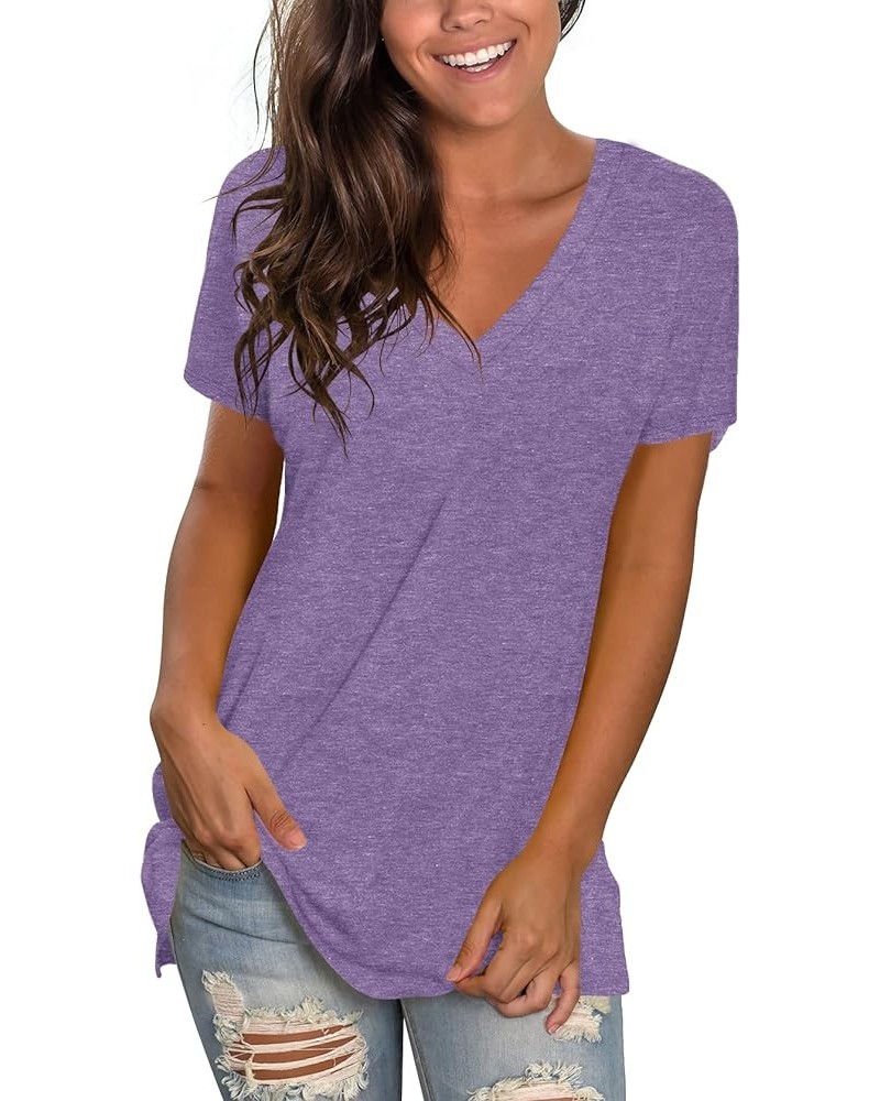 Womens T Shirts Basic V Neck Tee Loose Fitting Casual Short Sleeve Tops 05-light Purple $16.79 T-Shirts