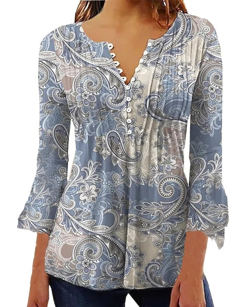 3/4 Sleeve Shirts for Women Bell V Neck Graphic T Shirts Button Pleated Boho Tops Elegant Vintage Floral Blouse A09- Gray $8....