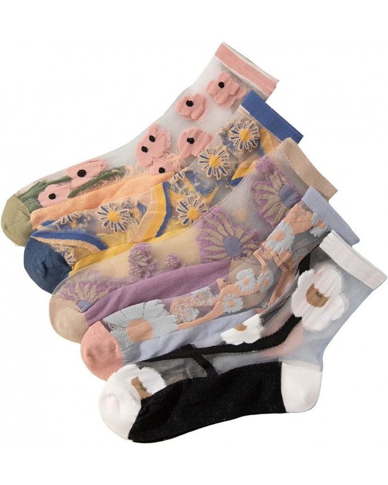 Women's 4 Pairs Sheer Mesh Flower Patterned Thin Casual Crew Socks Transparent Cute Summer Socks Multi Florals $8.80 Activewear