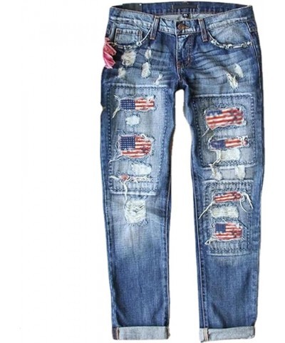 Ripped Boyfriend Jeans for Women Plaid Patch Ripped Distressed Stretch Skinny Denim Jeans with Hole American Flag Printing 2 ...