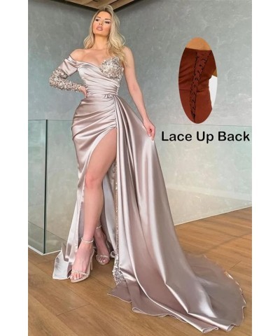 Womens One Shoulder Sequin Prom Dresses Long Sleeve Mermaid Satin Formal Evening Gowns with Slit Purple $36.90 Dresses