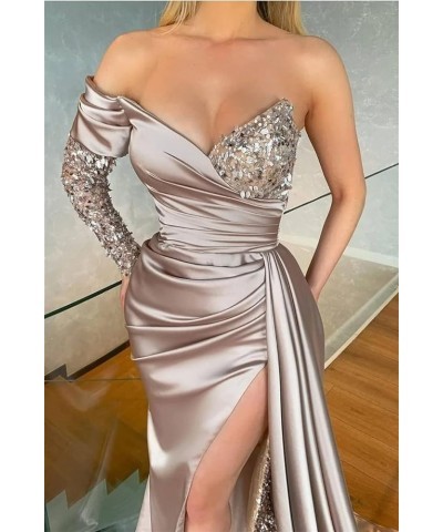 Womens One Shoulder Sequin Prom Dresses Long Sleeve Mermaid Satin Formal Evening Gowns with Slit Purple $36.90 Dresses