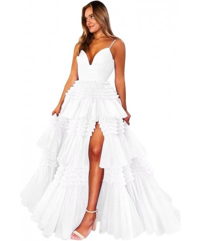 Tiered Glitter Tulle Prom Dresses for Women Princess Ball Gown Long Formal Evening Dress with Slit White $44.59 Dresses