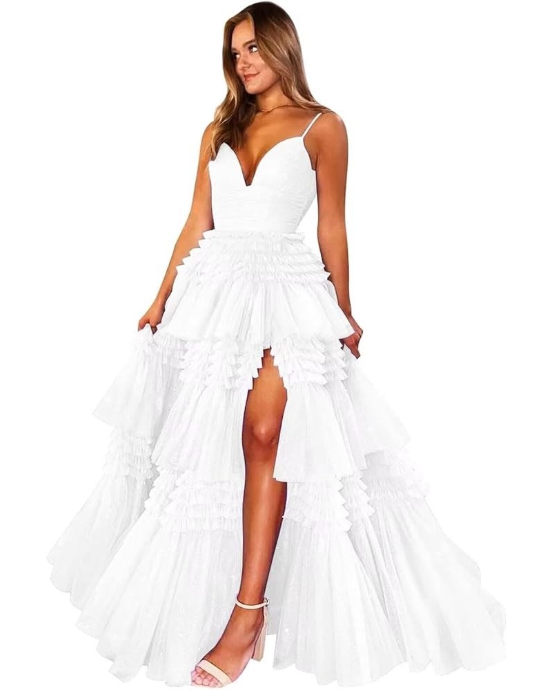 Tiered Glitter Tulle Prom Dresses for Women Princess Ball Gown Long Formal Evening Dress with Slit White $44.59 Dresses